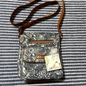 Sak sakroots navy white brown crossbody purse bag bird like new laminated 9”